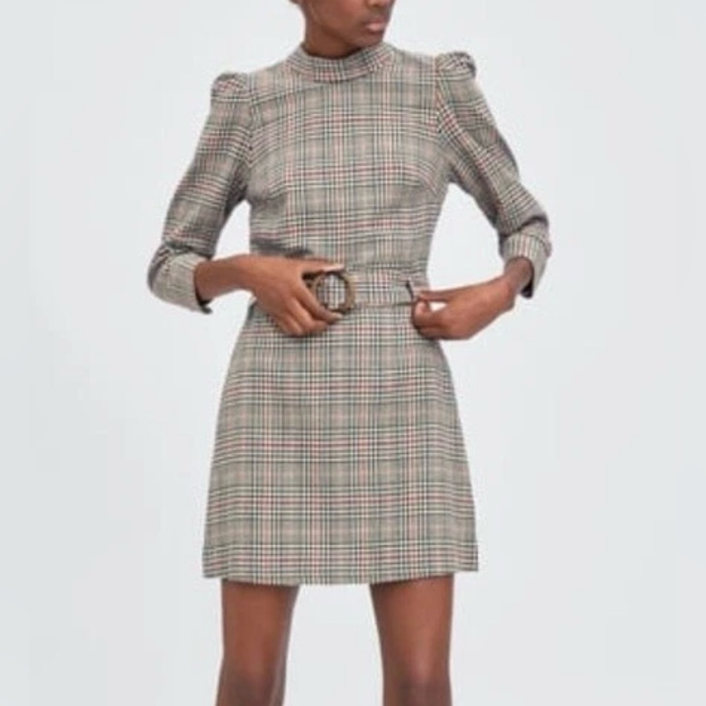 NEW Zara TRF Collection Women’s Plaid Belted Dress Large Puff Sleeve Preppy Tan
